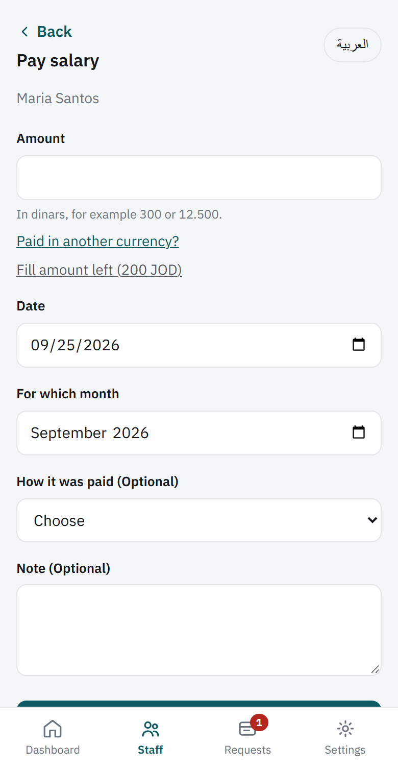 Recording a payment: the month it settles matters more than the date.